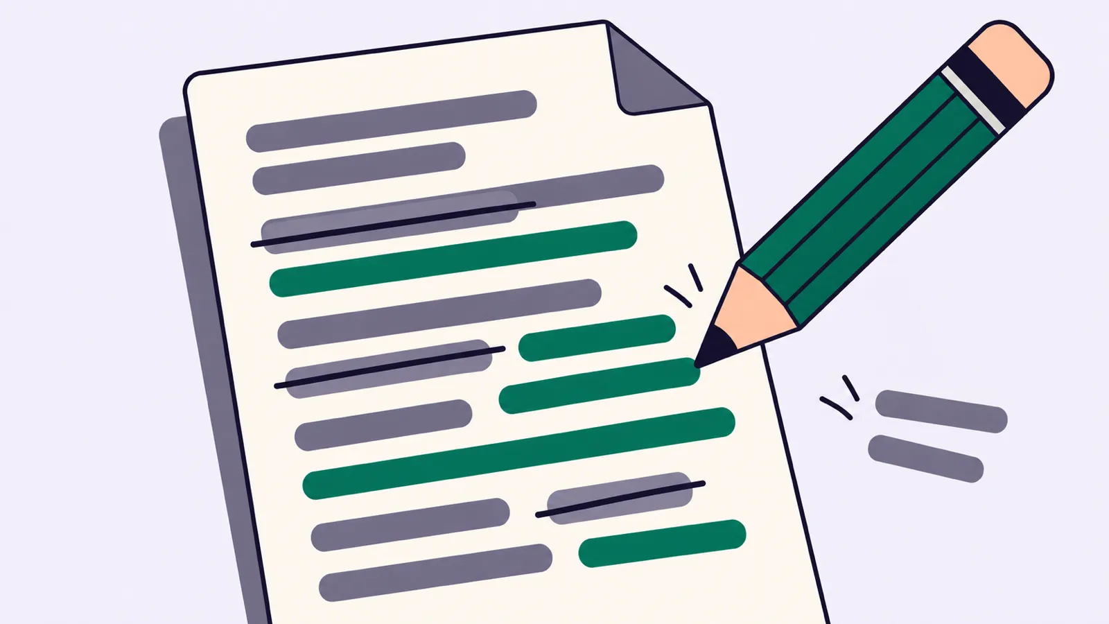 A green pencil edits a document, crossing out gray lines and replacing them with green lines.